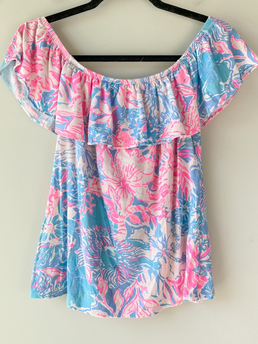 Lilly Pulitzer Womens La Fortuna Off The Shoulder Blouse S Blue Peri Floral